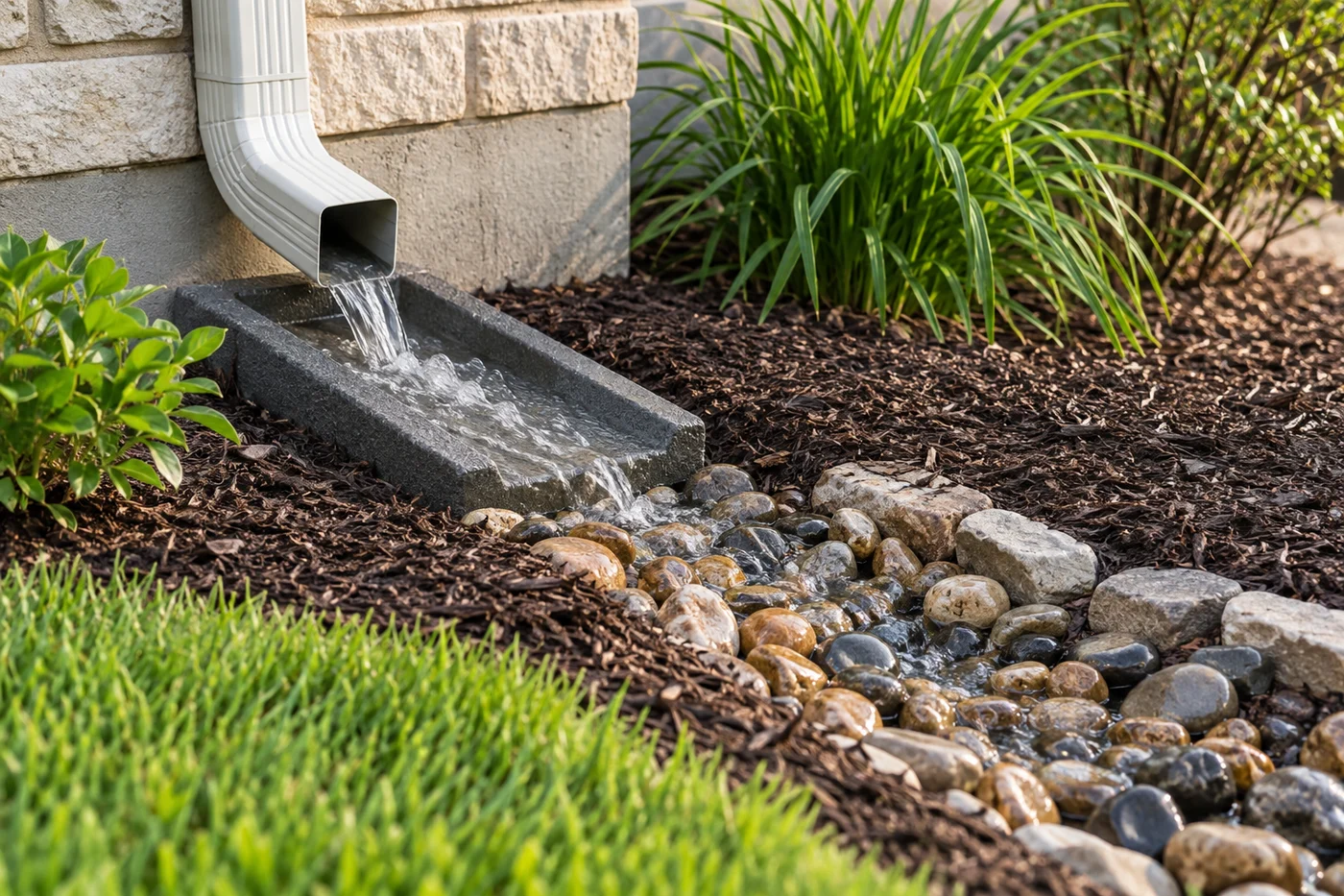 Downspout directing water through a stone drainage channel