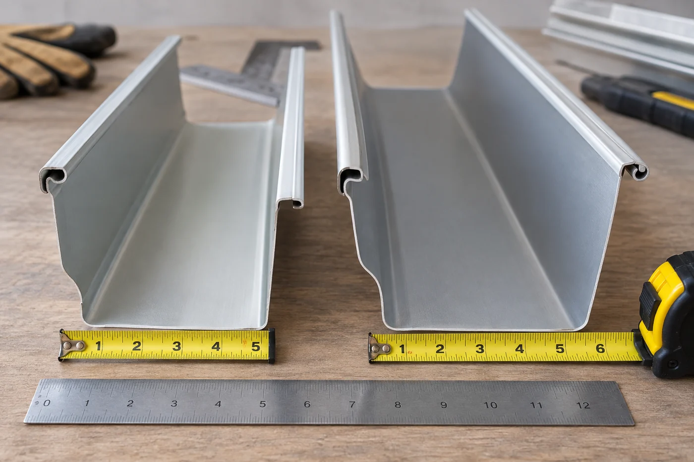 Gutter profiles and measuring tools for comparing five-inch and six-inch sizing
