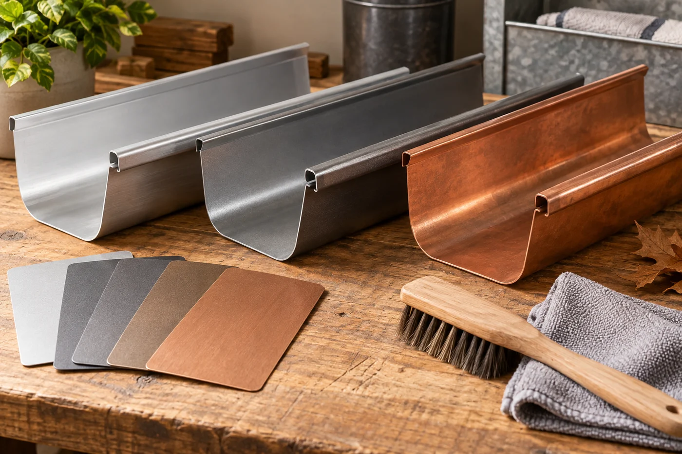 White, black, bronze and copper-style gutter material samples