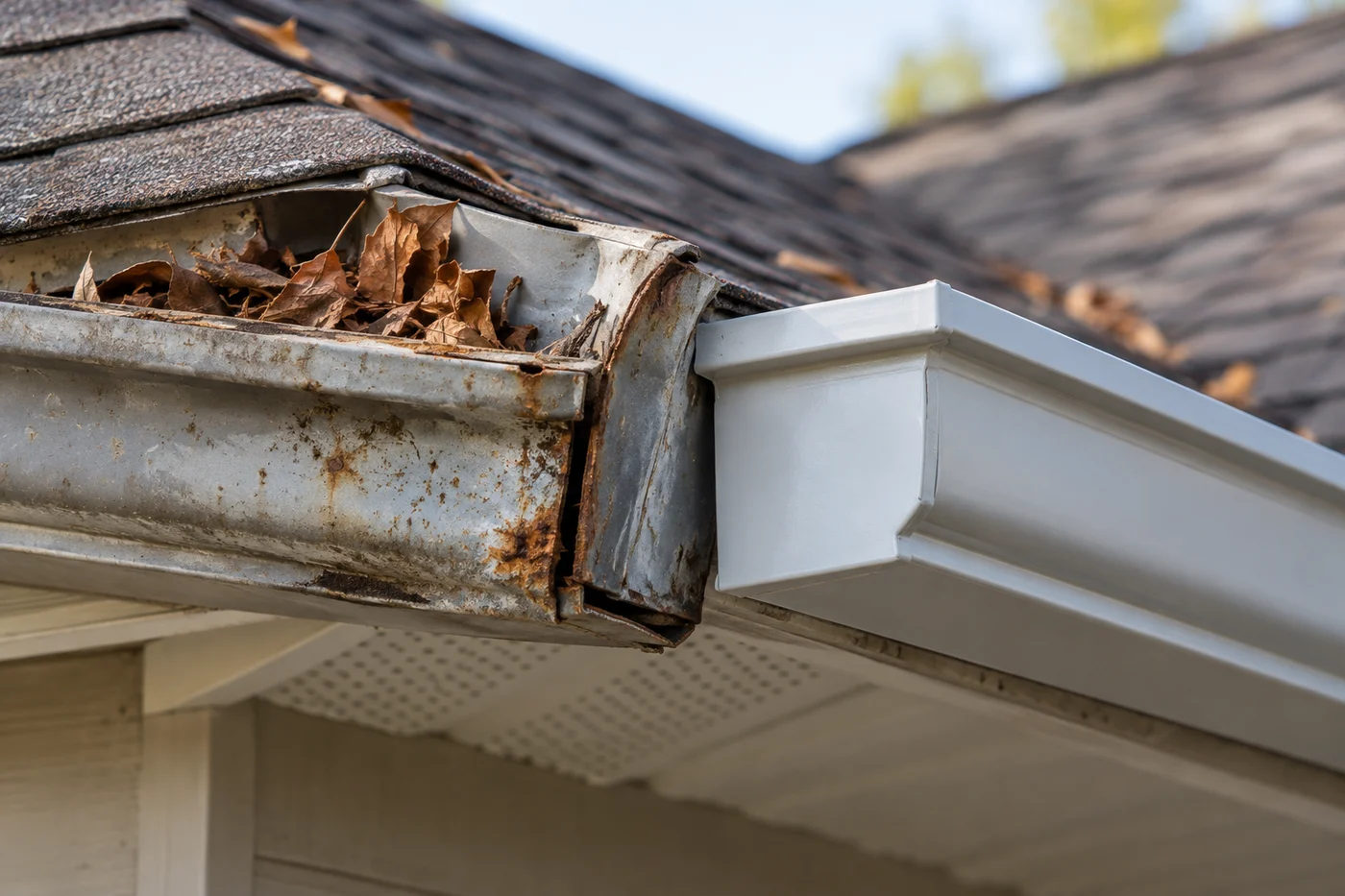Gutter condition inspection showing leaves, debris and a worn seam